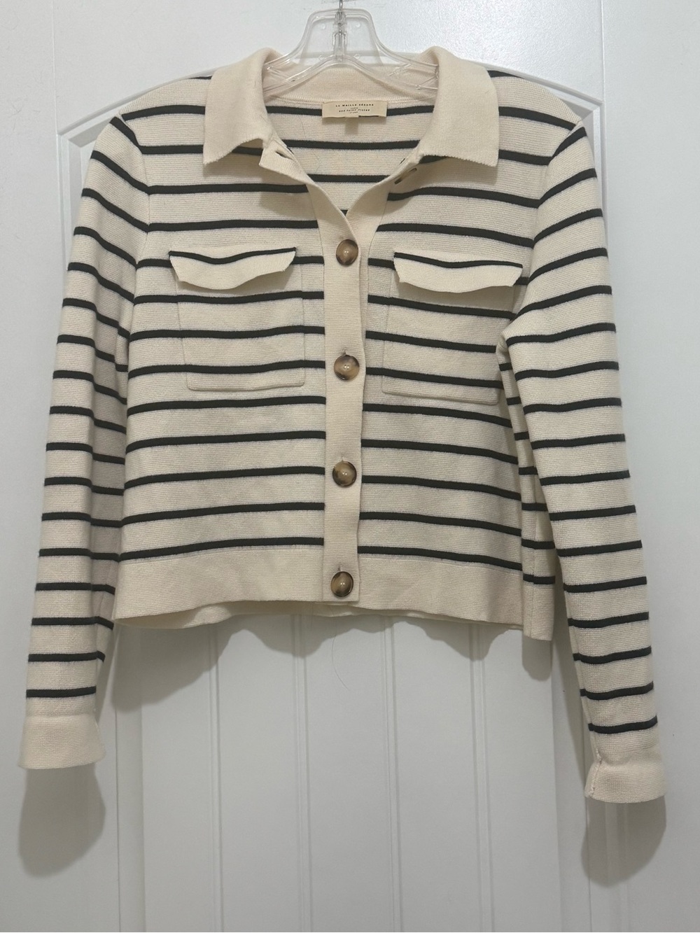 Sezane Betty Cardigan Sweater - Ecru/Black Striped - Size Small EUC